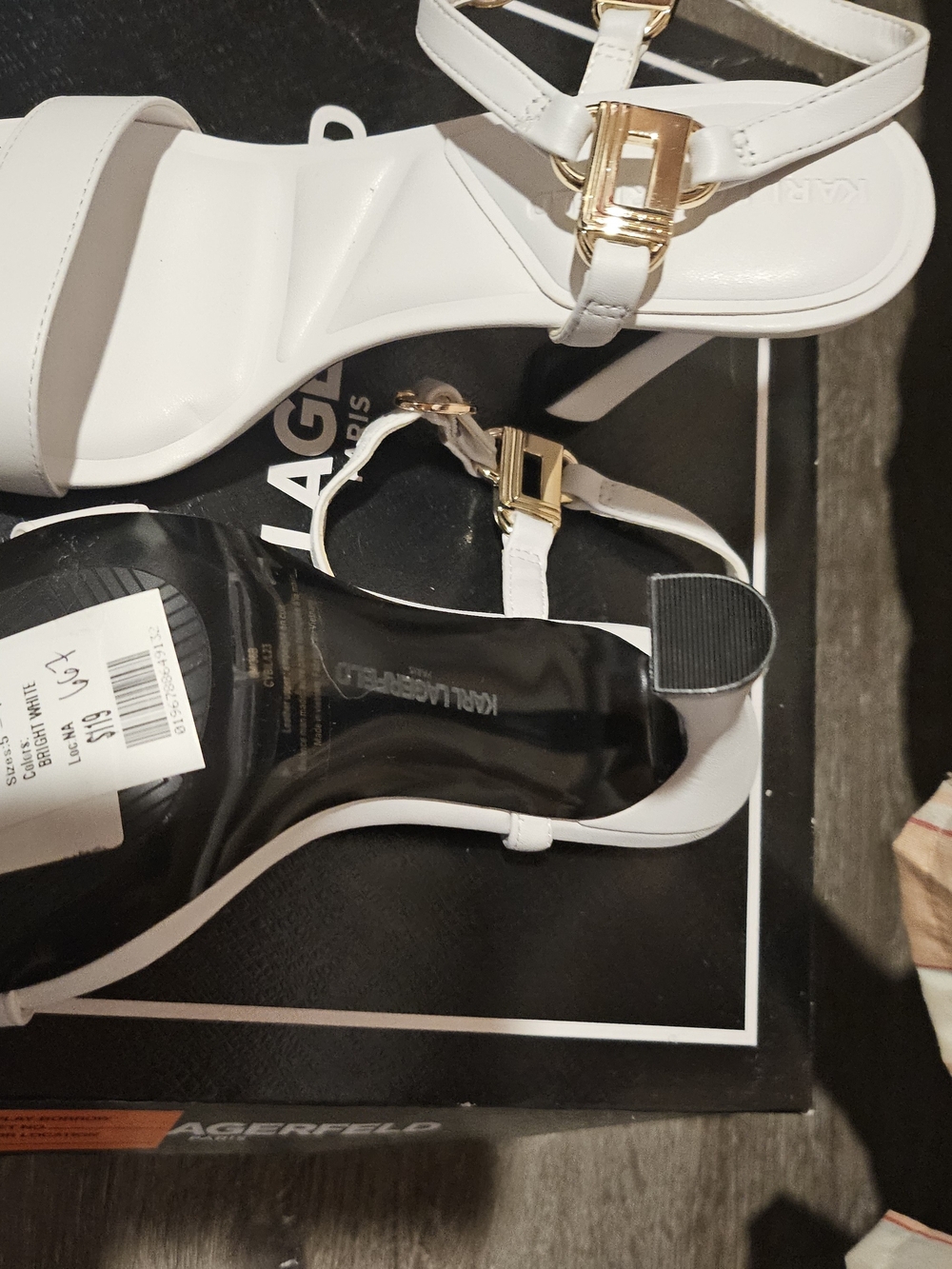 Karl Lagerfeld White Strappy Heeled Sandals with Gold Buckle Detail